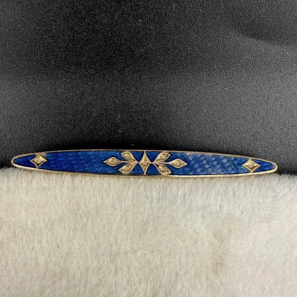 Vintage Guilloche Enamel Bar Brooch Gold Tone Blue